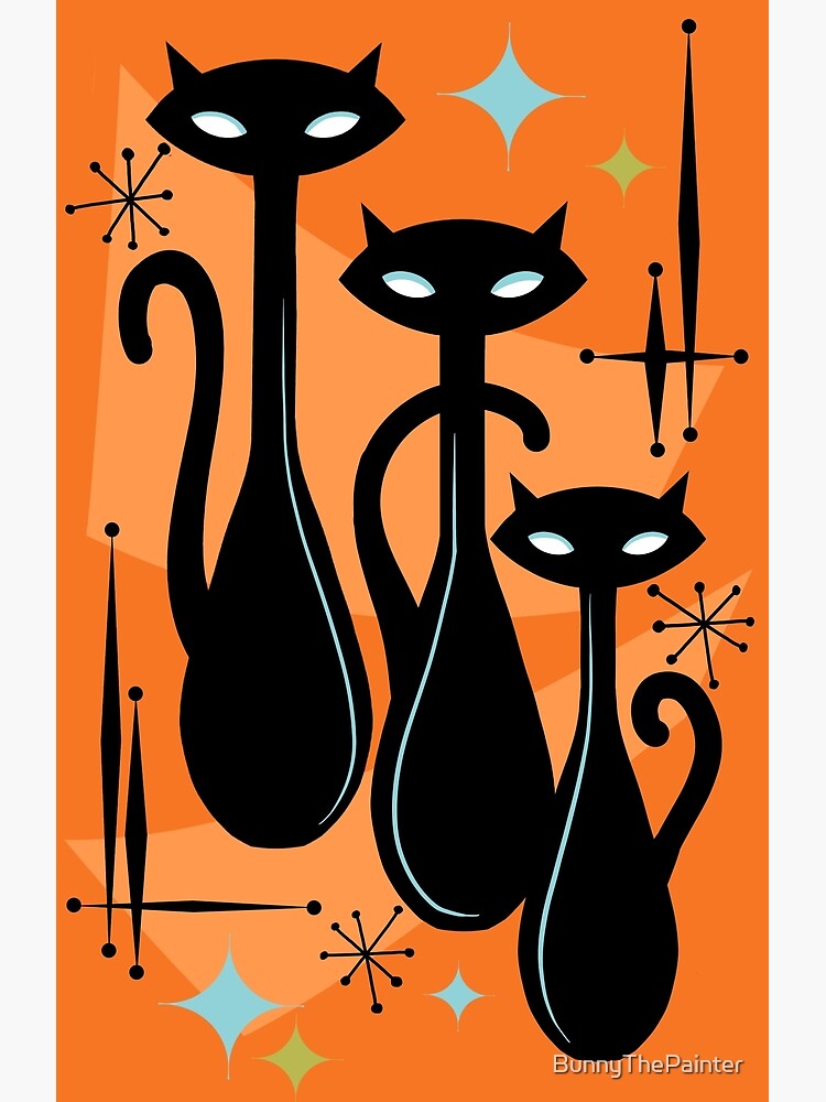 Thumbnail 7 of 7, Framed Art Print, Effervescent Orange Atomic Age Black Kitschy Cat Trio designed and sold by BunnyThePainter.