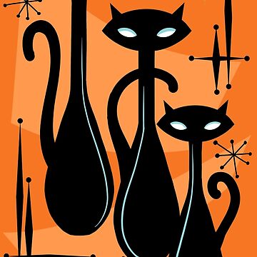 Artwork thumbnail, Effervescent Orange Atomic Age Black Kitschy Cat Trio by BunnyThePainter
