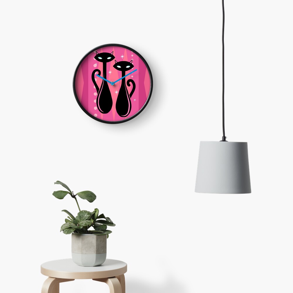 High Class Hollywood Atomic Age Black Kitschy Cat Twins Clock