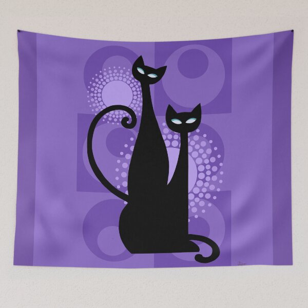 Artikelvorschau, Purple Paradise Atomic Age Schwarze kitschige Katzen entworfen und verkauft von BunnyThePainter.