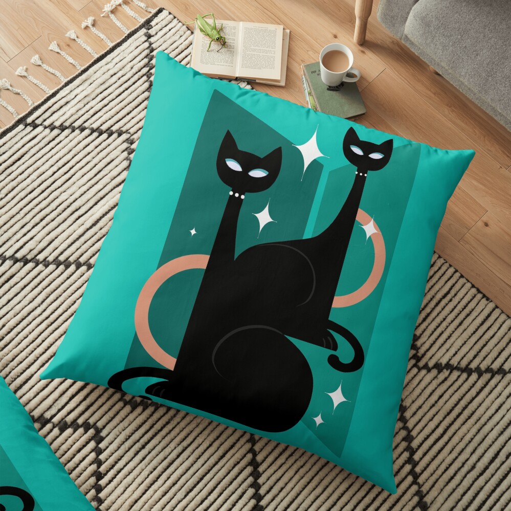 Fashionable Felines Atomic Age Black Kitschy Cats Floor Pillow
