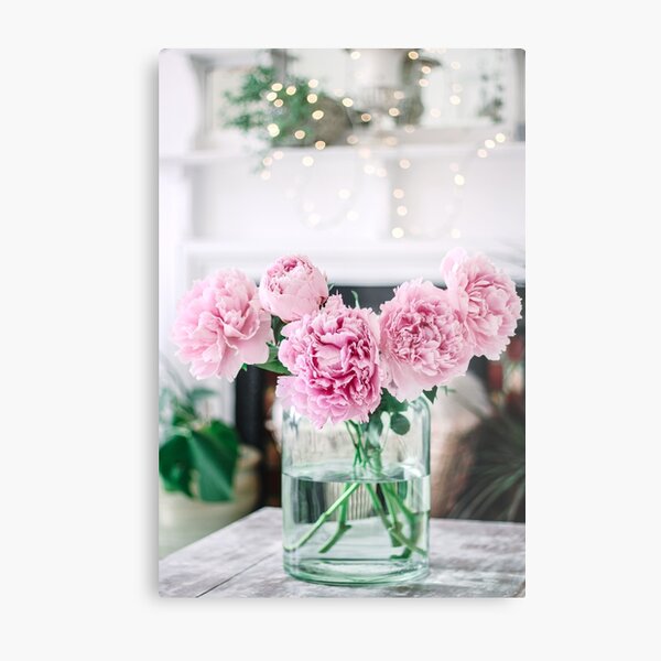 Vase of Pink Peonies with Fairy Lights Metal Print