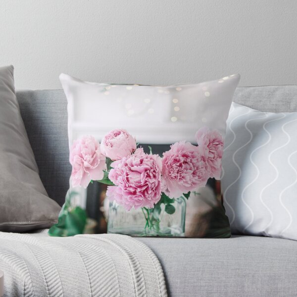 Vase of Pink Peonies with Fairy Lights Throw Pillow