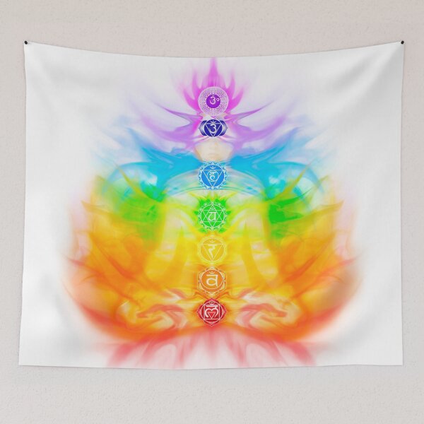 Item preview, Yoga meditation conceptual illustration with chakras and energy flow on human body art print designed and sold by AwenArtPrints.
