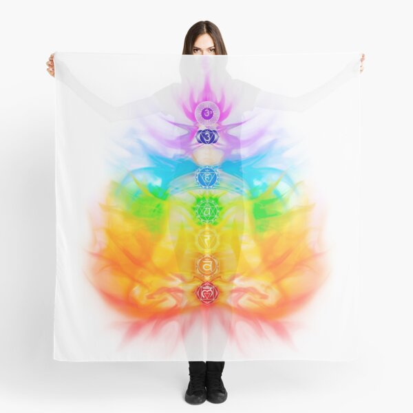 Yoga meditation conceptual illustration with chakras and energy flow on human body art print Scarf