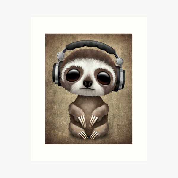Cute Baby Sloth Deejay Wearing Headphones Art Print