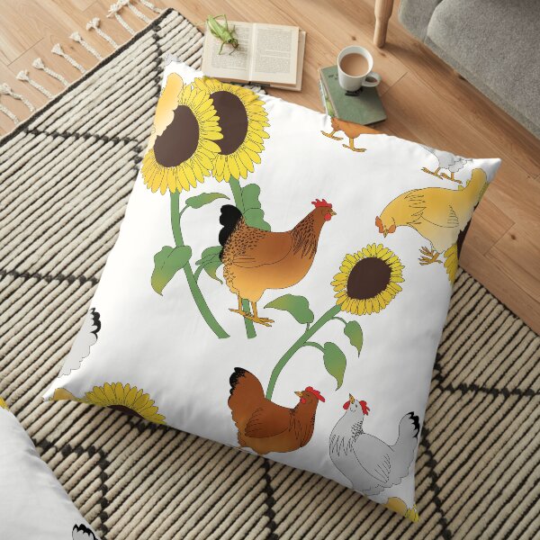 Summertime Chickens and Sunflowers Floor Pillow