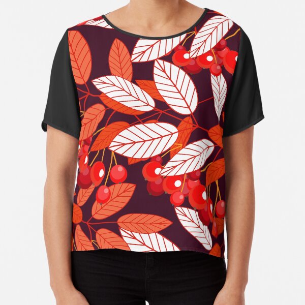 The leaves and berries of mountain ash. Seamless pattern. The Botanical pattern on a dark background. Autumn mood Chiffon Top