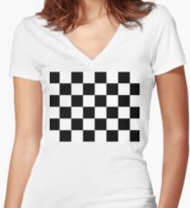 Zielflagge, Zielflagge, Motorsport, Schachbrettmuster, Muster, GEWINNEN, SIEGER, Rennwagen, Rennen, Ziellinie, SCHWARZ Tailliertes T-Shirt mit V-Ausschnitt