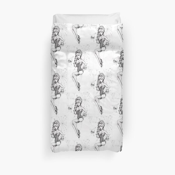 Black Widow pinup, cobwebs and skulls Duvet Cover