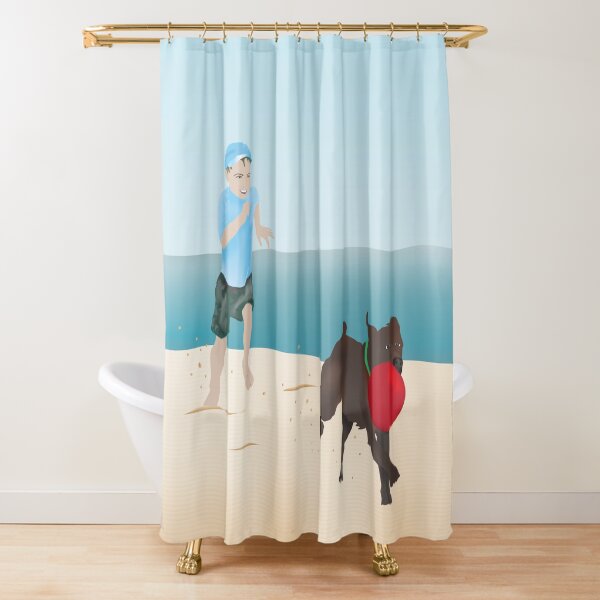 Boy and Dog Playing Ball at the Beach Shower Curtain