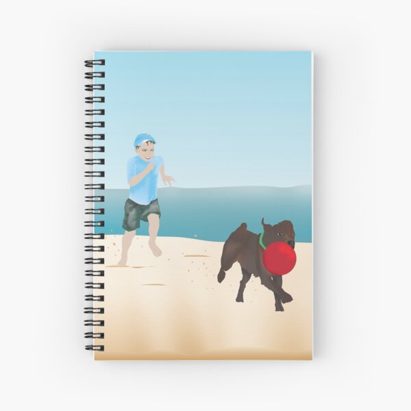 Boy and Dog Playing Ball at the Beach Spiral Notebook