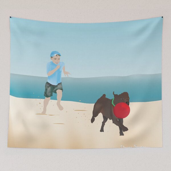 Item preview, Boy and Dog Playing Ball at the Beach designed and sold by Devine-Studios.