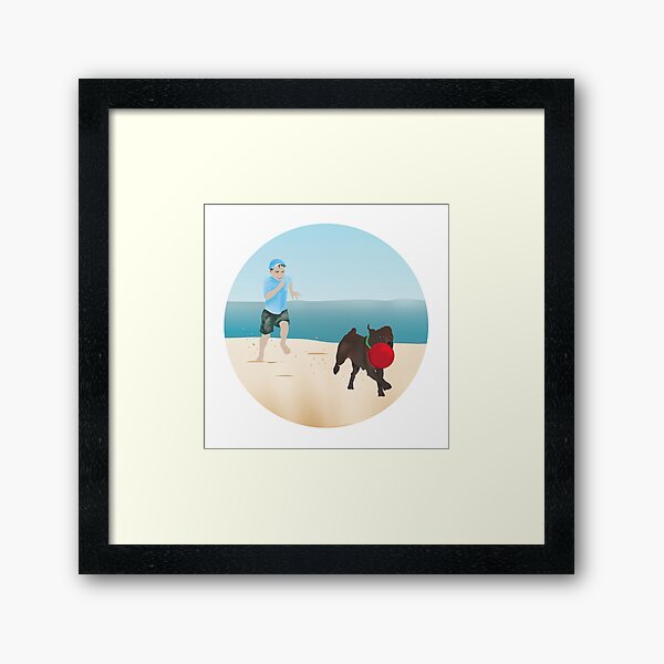 Boy and Dog Playing Ball at the Beach Framed Art Print