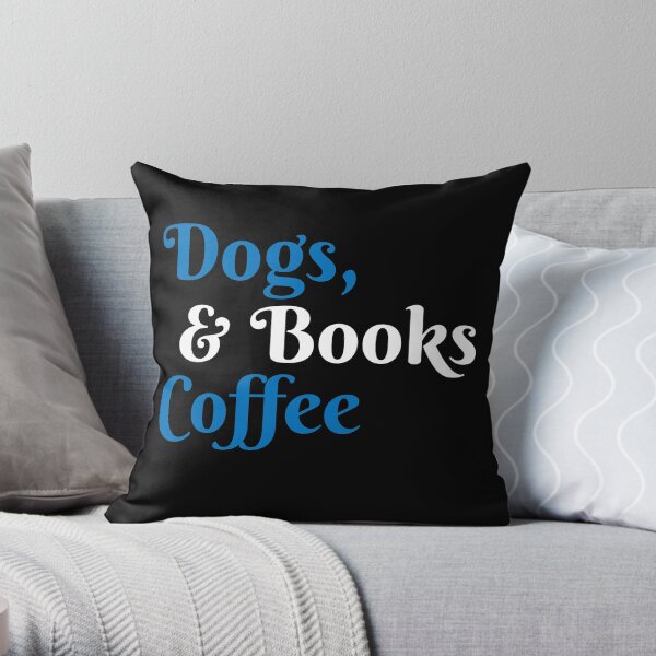 Dogs, books and coffee Throw Pillow
