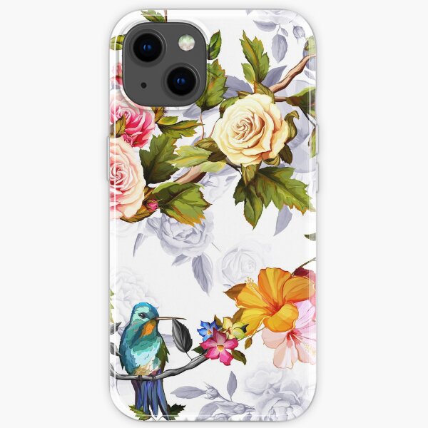 Humming bird, roses, peony with leaves on white iPhone Soft Case
