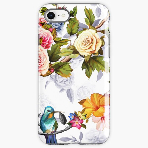 Humming bird, roses, peony with leaves on white iPhone Tough Case