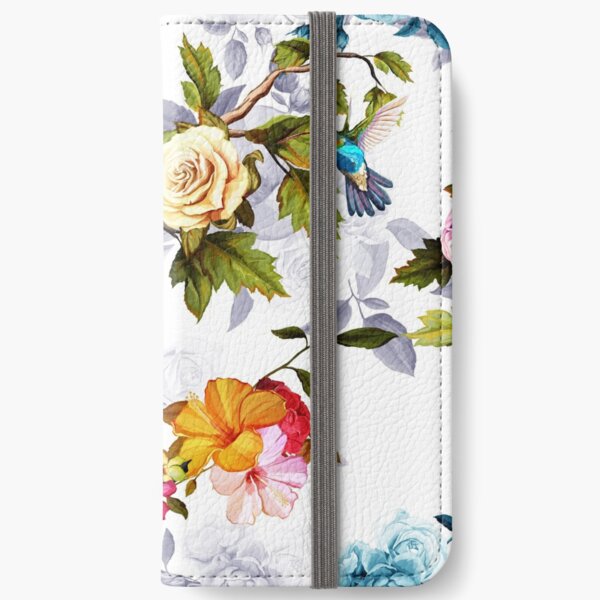 Humming bird, roses, peony with leaves on white iPhone Wallet