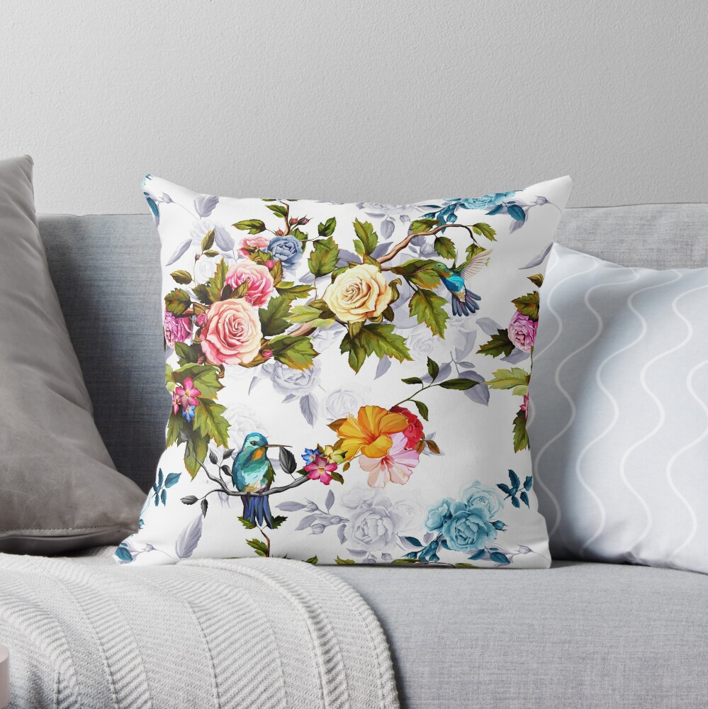 Special Humming bird, roses, peony with leaves on white Throw Pillow by StylePrints TP-I5J2LARZ