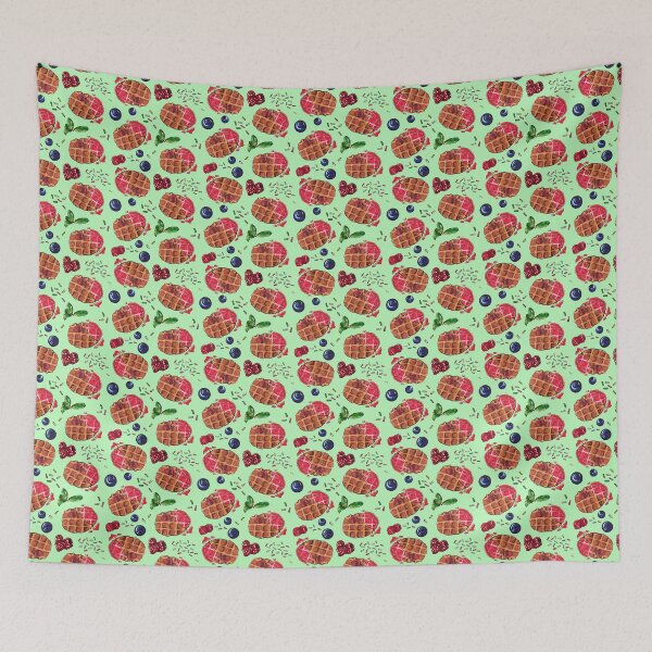 Item preview, Belgian waffle with berries on mint-blue - hand-painted watercolor designed and sold by VictoriaKi.