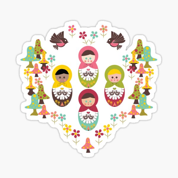 Unity Around The World, Scandinavian Art, Nesting Dolls, Mushrooms, Birds, Polka Dot Mushrooms, Flowers Sticker
