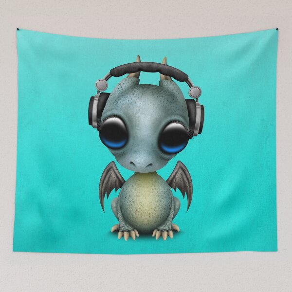 Item preview, Cute Blue Baby Dragon Deejay Wearing Headphones designed and sold by JeffBartels.