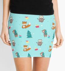 Cute fox, bear, owl with xmas tree lights, holly berries wreath, gift boxes. Mini Skirt