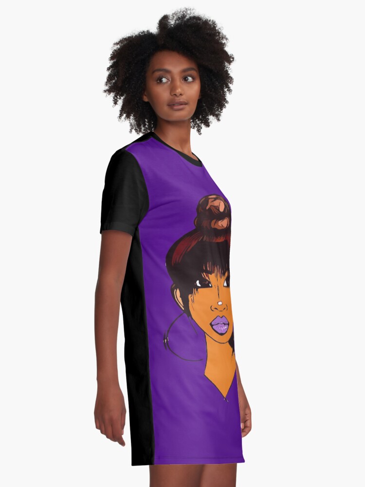 Alternate view of Pretty Girl Cute HairStyle Earrings With Purple Lipstick Graphic T-Shirt Dress