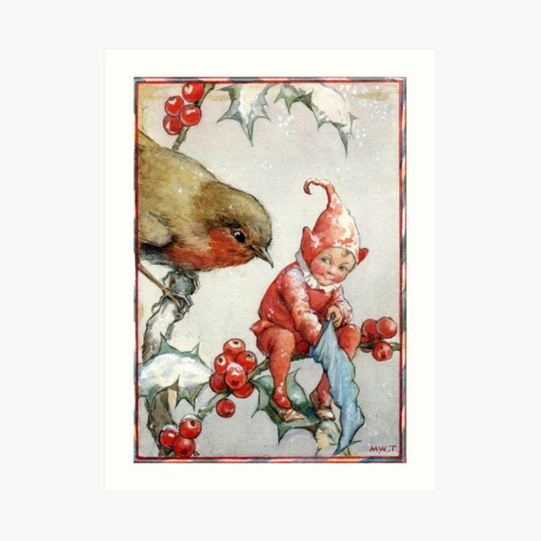 Christmas Robin and Elf - Margaret Tarrant Art Print