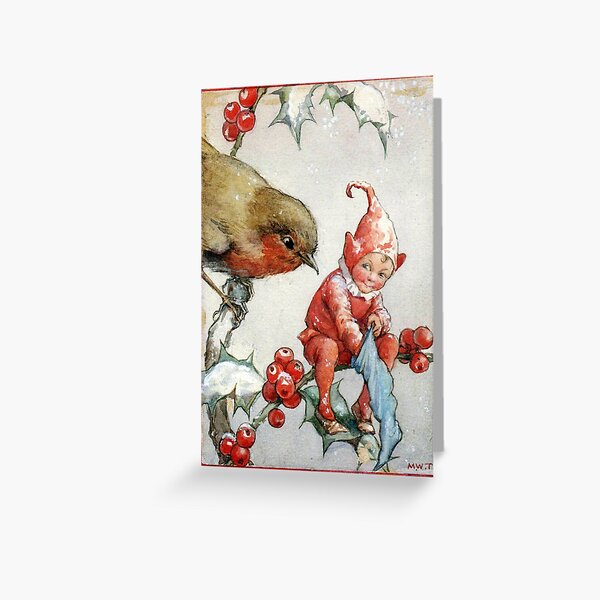 Christmas Robin and Elf - Margaret Tarrant Greeting Card