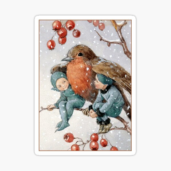 Christmas Elves Sheltering with a Robin - Margaret Tarrant Sticker