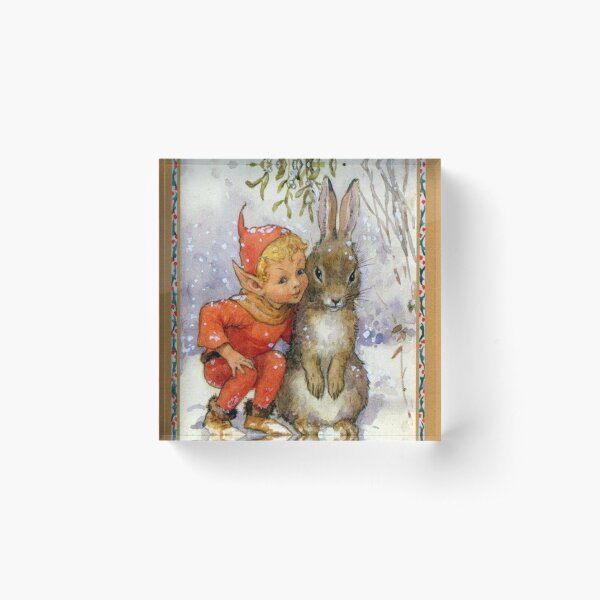 Elf and Rabbit Under Mistletoe Christmas - Margaret Tarrant Acrylic Block