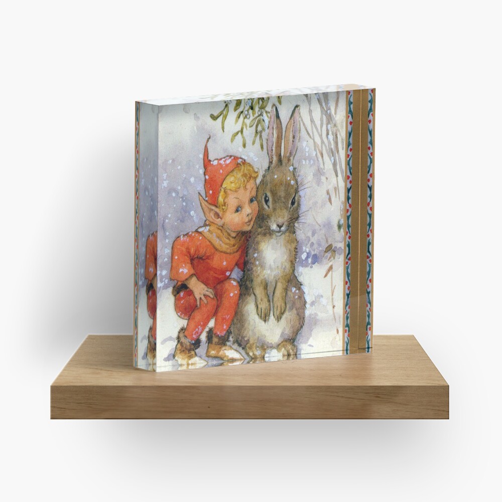 Elf and Rabbit Under Mistletoe Christmas - Margaret Tarrant Acrylic Block