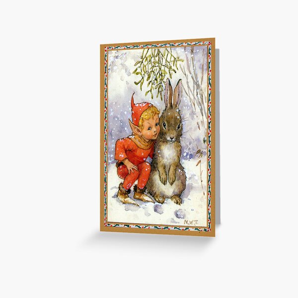 Elf and Rabbit Under Mistletoe Christmas - Margaret Tarrant Greeting Card