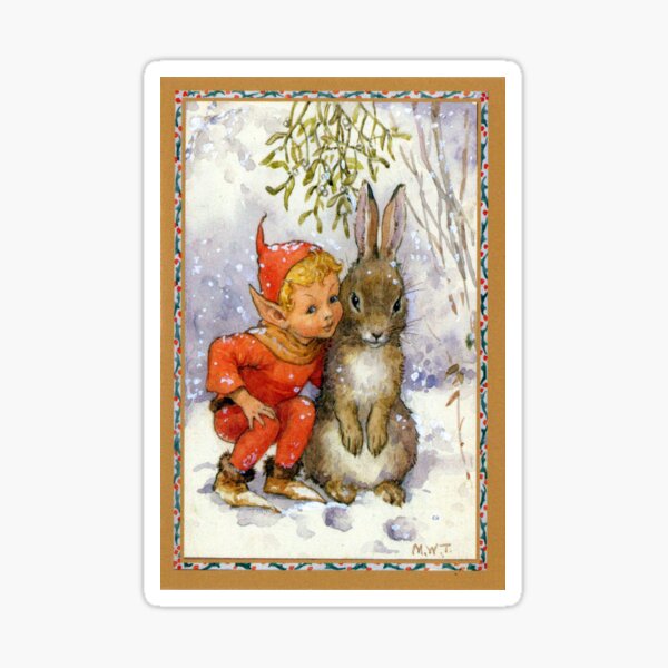 Elf and Rabbit Under Mistletoe Christmas - Margaret Tarrant Sticker