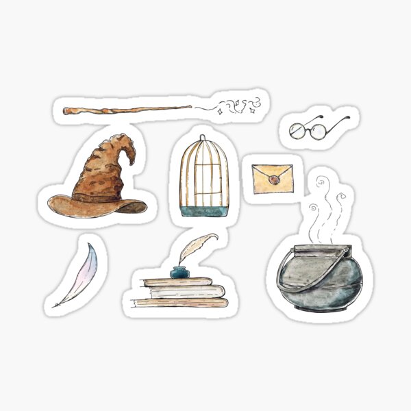 magician set - magic wand, hat, glasses, birdcage, letter, feather, books, inkwell, cauldron Sticker