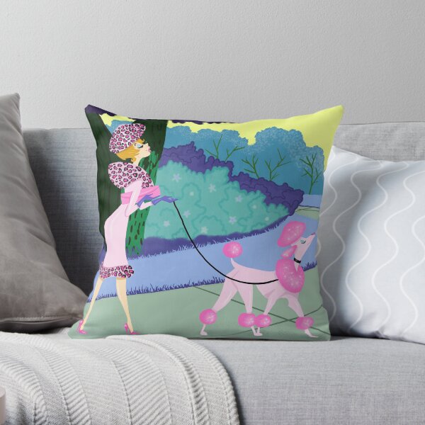 Dog Park Divas A Pink Poodle And Her Leopard Clad Friend Throw Pillow