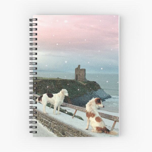 Item preview, winter beach and castle view with dogs and snow falling designed and sold by morrbyte.