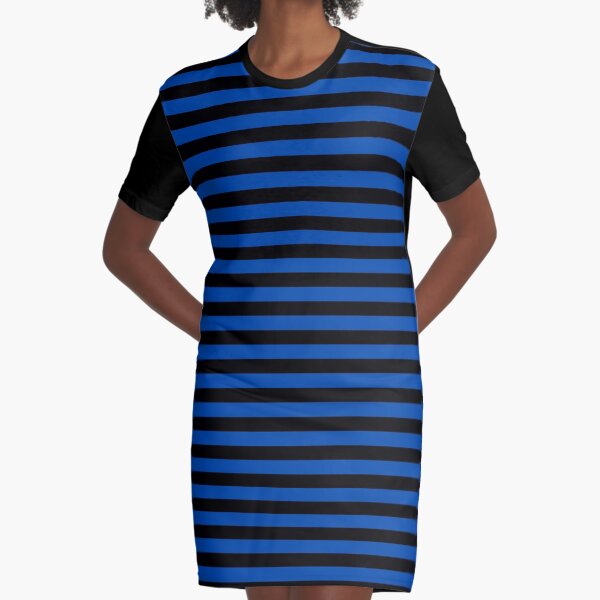 Cobalt Blue and Black Horizontal Stripes Graphic T-Shirt Dress