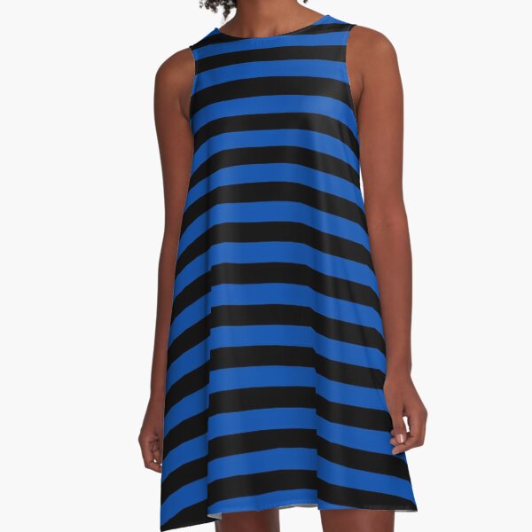 Cobalt Blue and Black Horizontal Stripes A-Line Dress