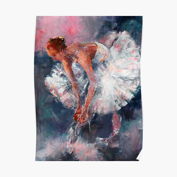 Ballet Dancer in White Dress Tying Shoe Ribbons Poster