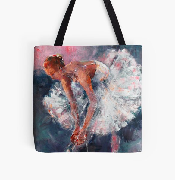 Ballet Dancer in White Dress Tying Shoe Ribbons All Over Print Tote Bag