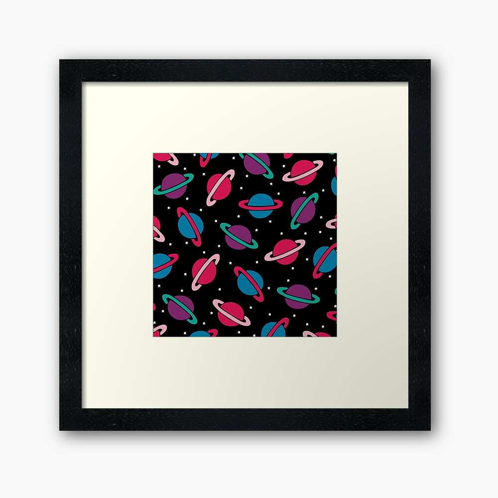 Neon Space Planets Pattern Framed Art Print
