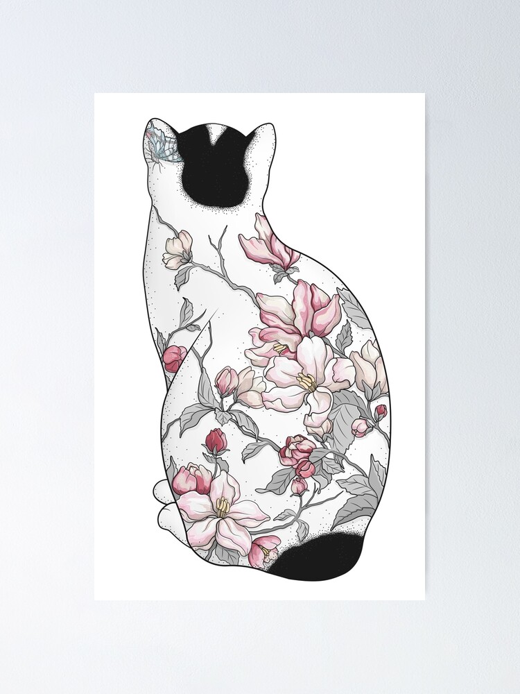 Cat In Apple Blossom Tattoo Poster By Runcatrun Redbubble
