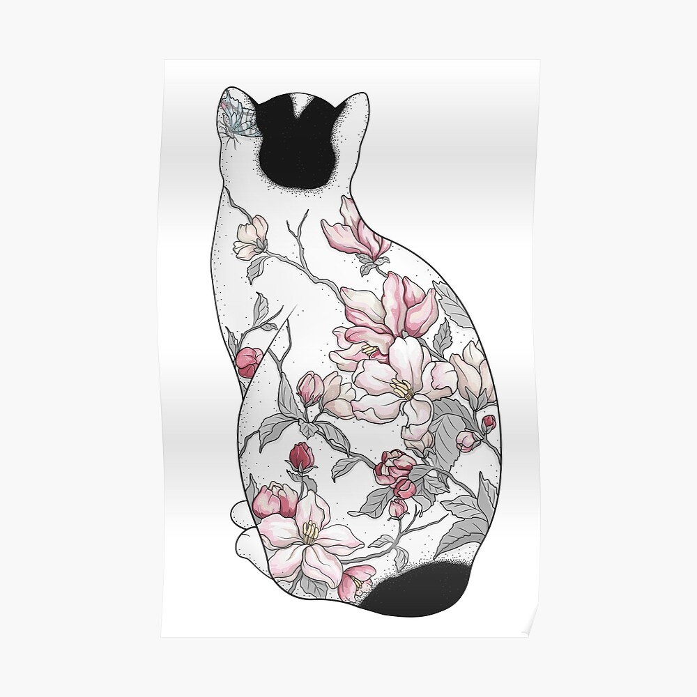 Cat In Apple Blossom Tattoo Sticker By Runcatrun Redbubble