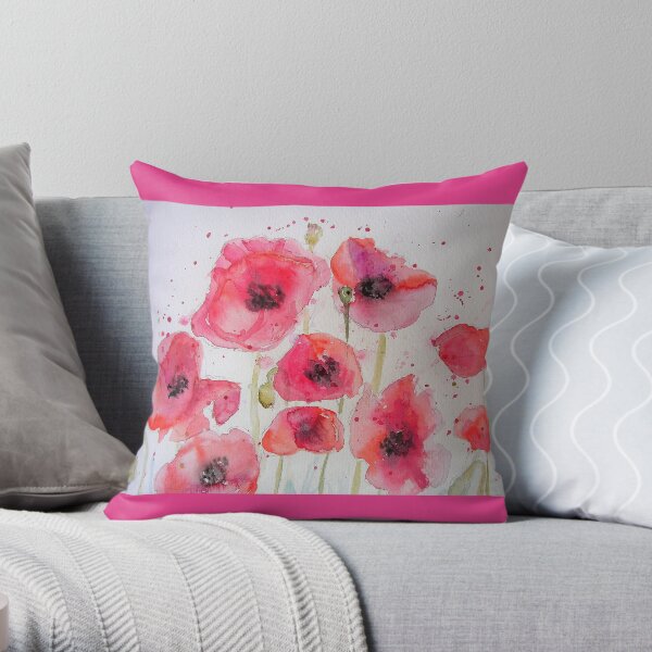 Red Poppy Party Watercolor flower Painting Throw Pillow