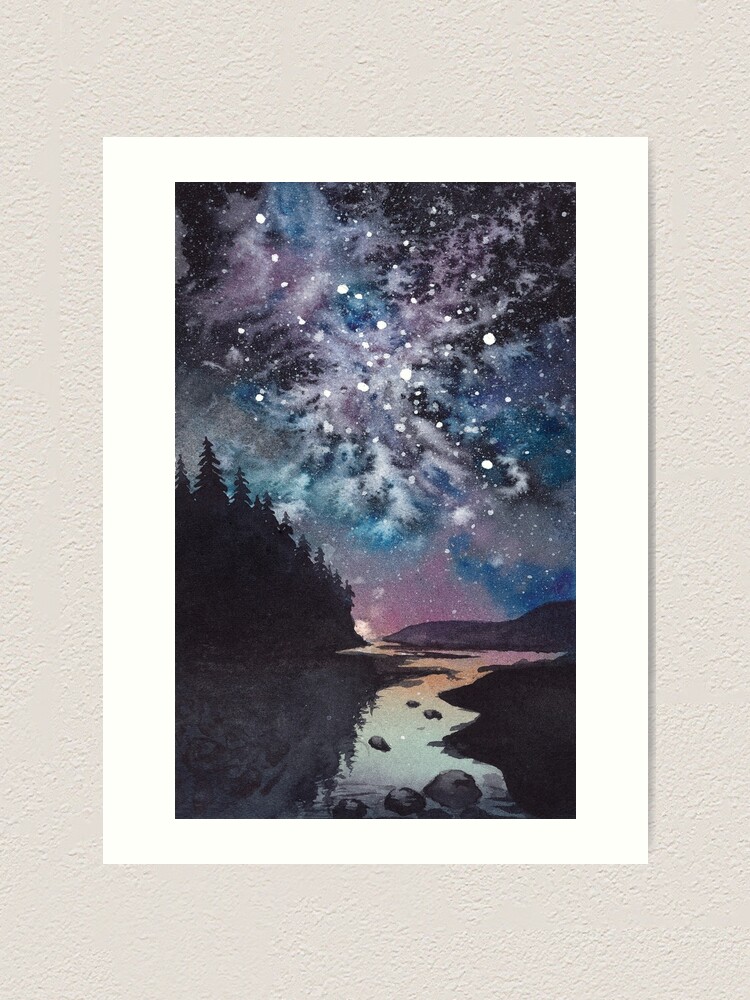 Night watercolor landscape. Pine forest, river, and stars.  Art