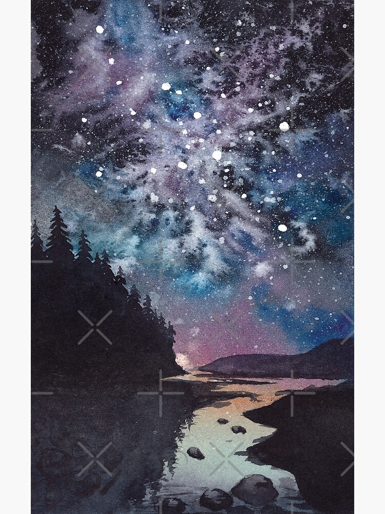 Night Watercolor Landscape Pine Forest River And Stars Greeting Card By Redfinchdesigns Redbubble