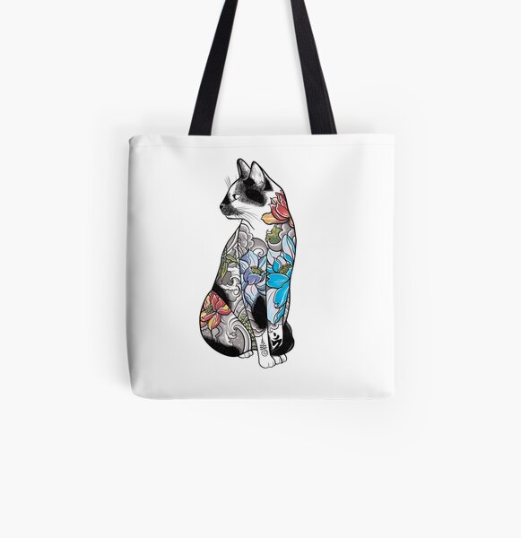 Cat in Lotus Tattoo All Over Print Tote Bag