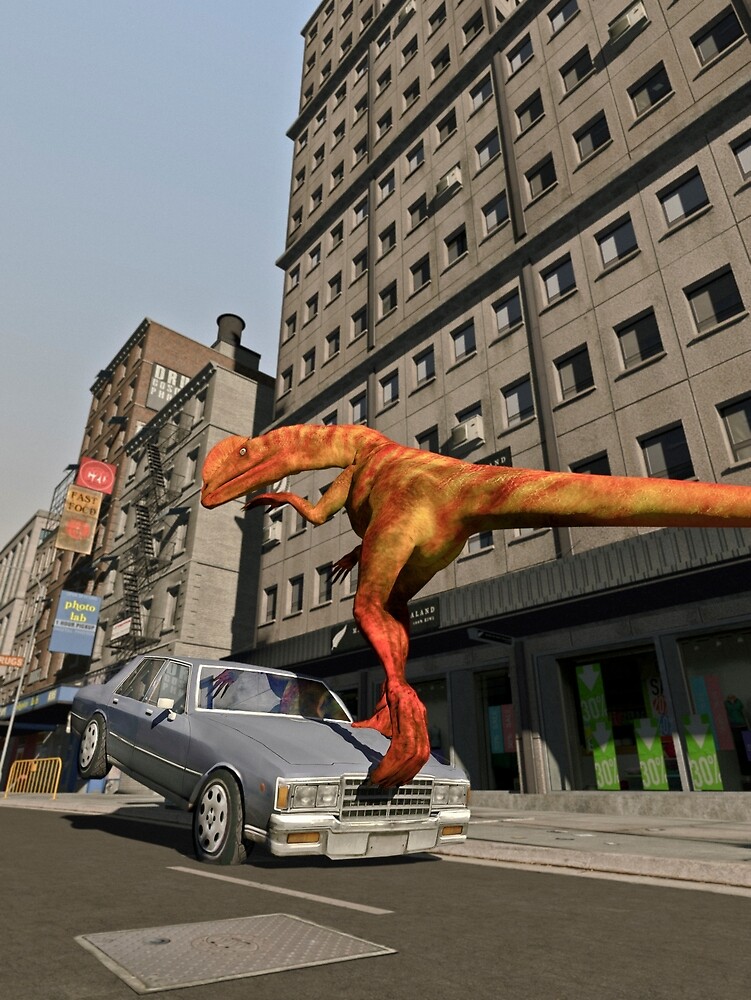 "Dinosaur Trampling Car in the City " by Nathan Leary | Redbubble
